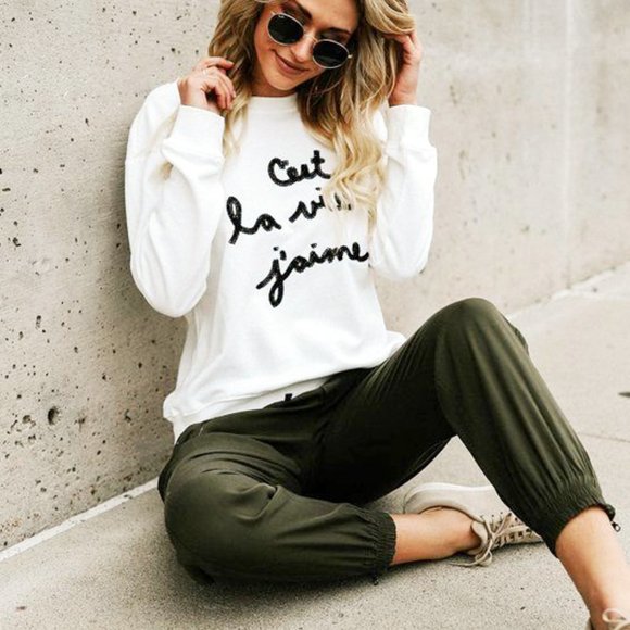 White Ivory C'est La Vie J'aime Cotton Sweatshirt - Picture 1 of 9